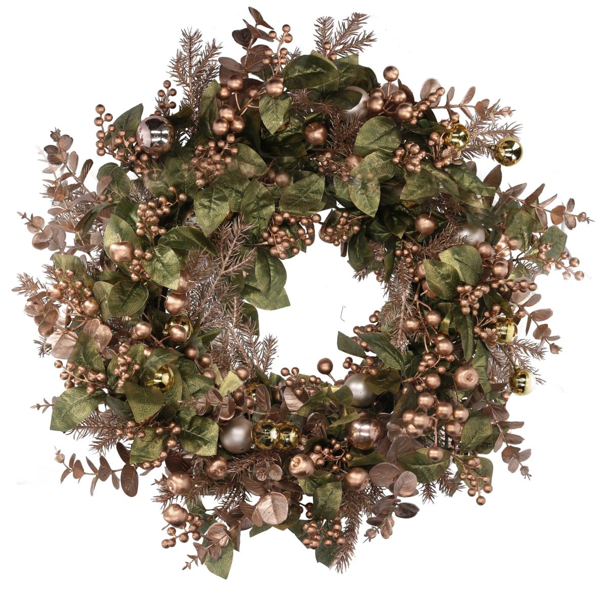 CORONCINA CON SFERE E BACCHE VERDE E ORO 76X10H