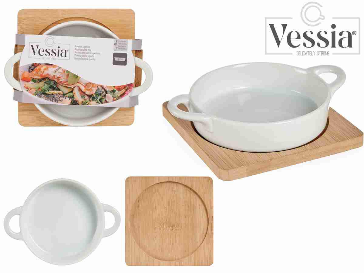 CASSERUOLA BIANCA SENZA COPERCHIO CON BASE IN BAMBU