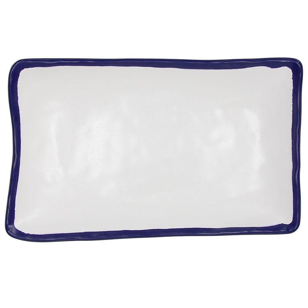 PIATTO RETTANGOLARE 33Cm WHITE AND BLUE RIM MELAMINA BIANCO