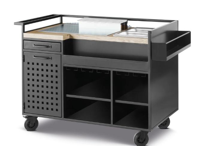 BANCONE COCKTAIL C/RUOTE IN METALLO ANTRACITE 132.5X63X98.5H