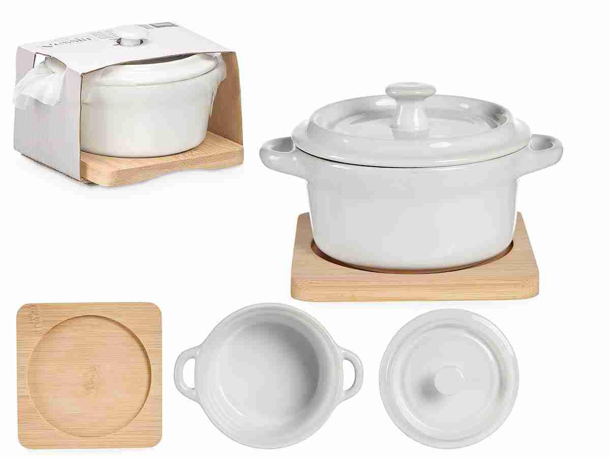 CASSERUOLA CON COPERCHIO PICCOLA BIANCA CON BASE IN BAMBU