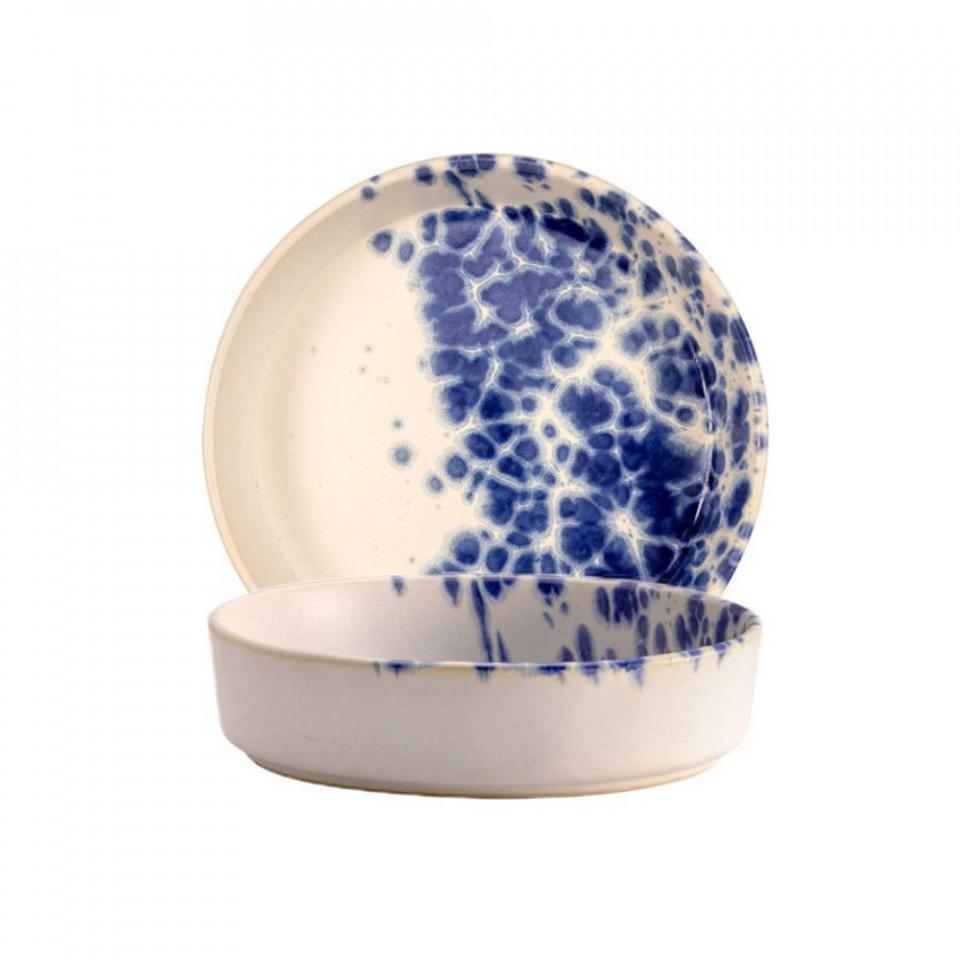 PHOBOS PIATTO FONDO BIANCO PUNT.BLU Ø18H4,5CM STONEWARE